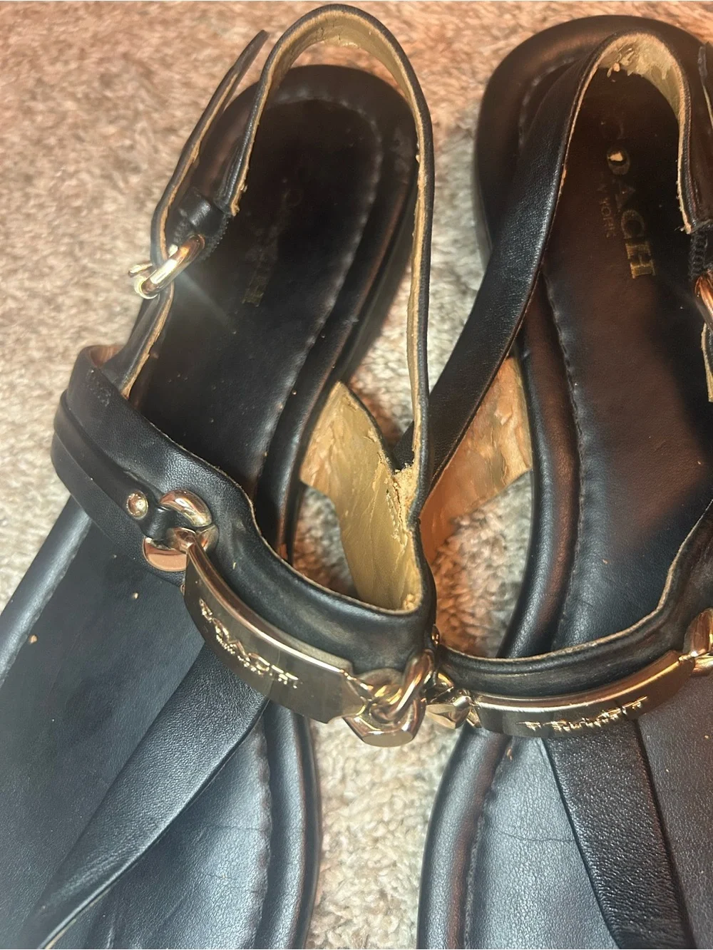 Coach Classic Black Leather T-Strap Sandals with Gold Hardware